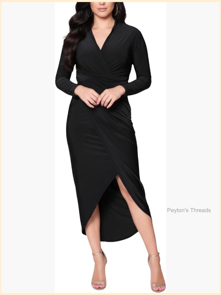 V-Neck Long Sleeve Wrap Formal Party Midi Dress With Collar And Slit